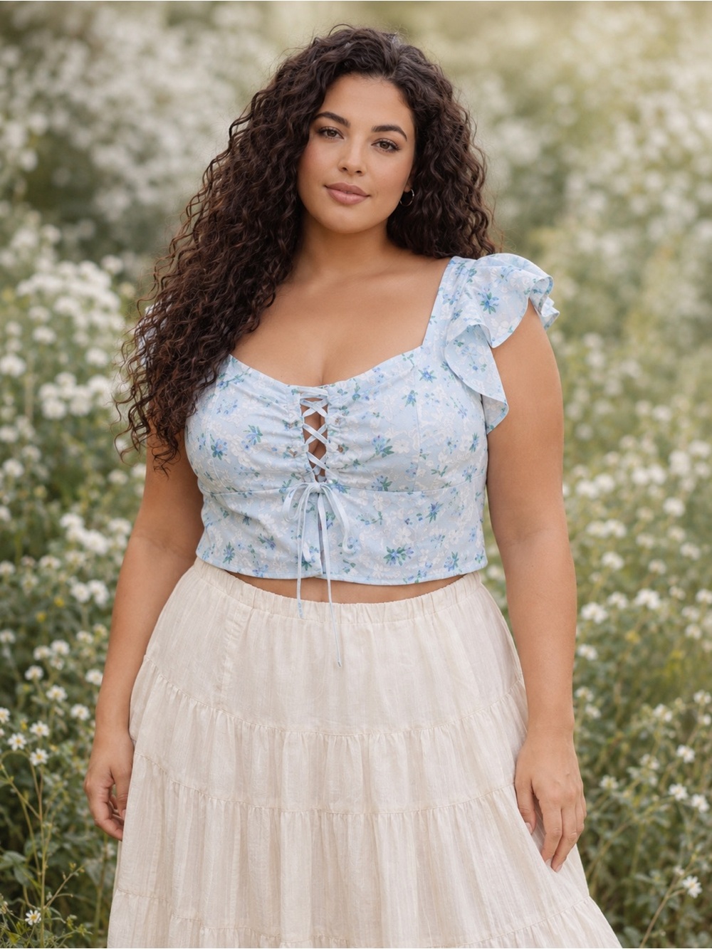 All In Favor Blue Floral Lace Up Crop Corset Top L Cottagecore Ruffle Blouse NWT